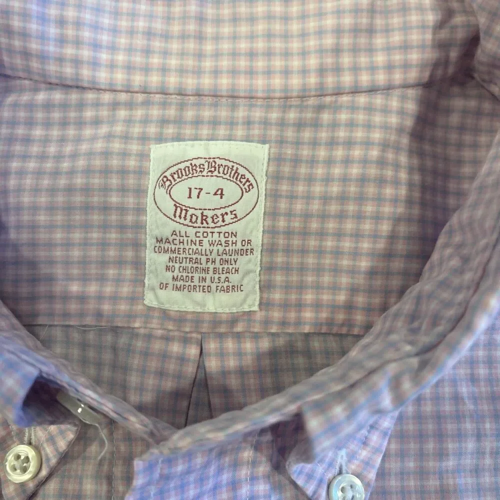 Vtg Brooks Brothers Shirt Mens 17/4 Pink Gray Makers Gingham Plaid USA 6 Button